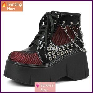 Platform Wedge Ankle Boots Lace Up Combat Booties Round Toe Mesh Chain